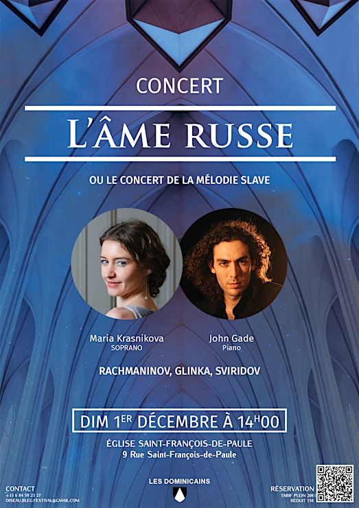 Affiche. Nice. L|Âme russe ou le concert de la mélodie slave, avec Maria Krasnikova, soprano et John Gade, piano. 2024-12-01